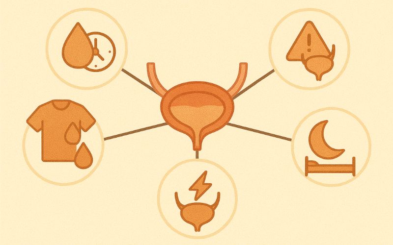 방광 문제인 빈뇨, 절박뇨, 요실금, 야뇨증, 잔뇨감을 표현한 이미지