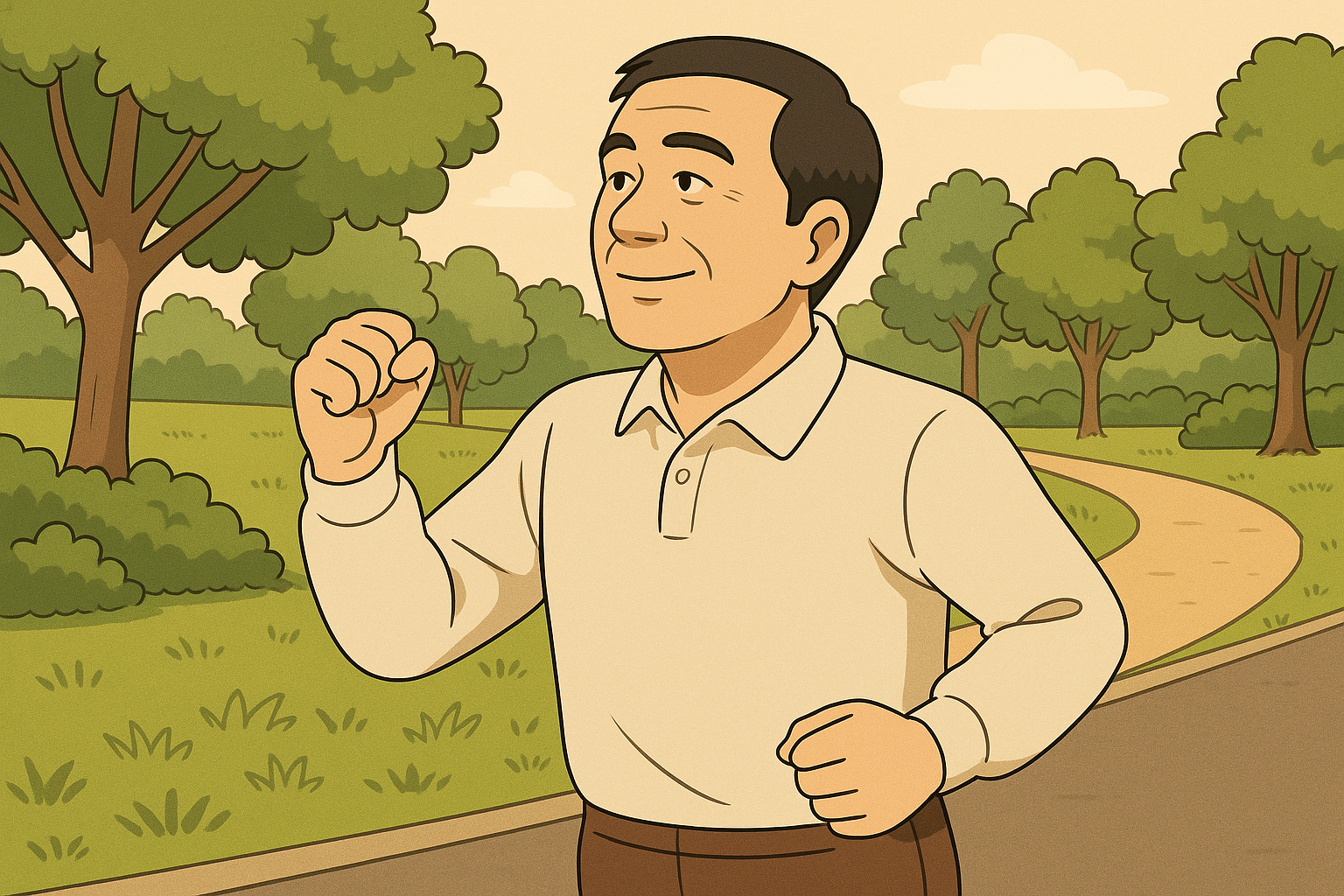 공원이나 산책로에서 생활 속 뇌혈관 질환 예방법을 실천하는 중년 남성